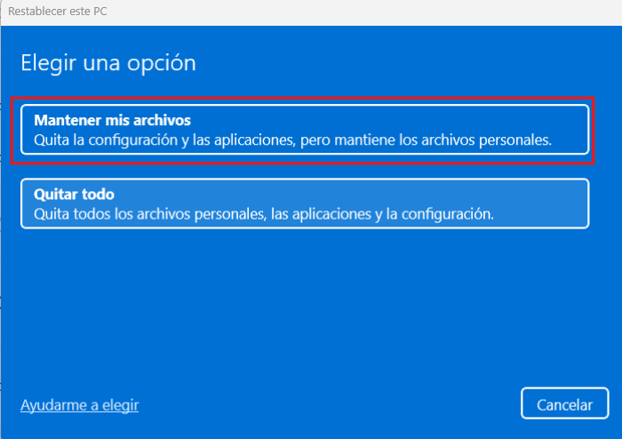Reestablecer Windows 11 manteniendo los archivos personales