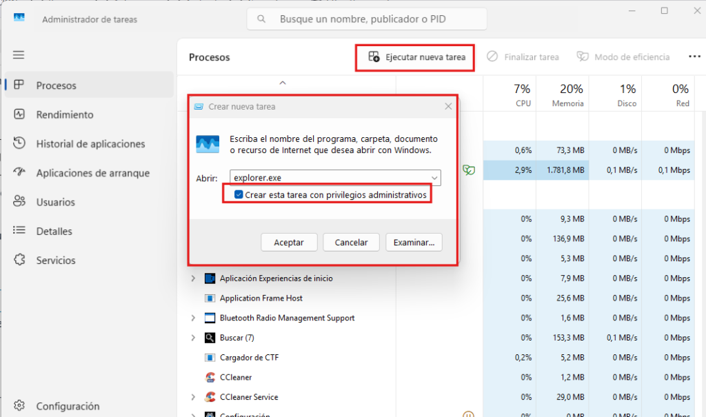 Ejecutar explorer.exe desde administrador de tareas