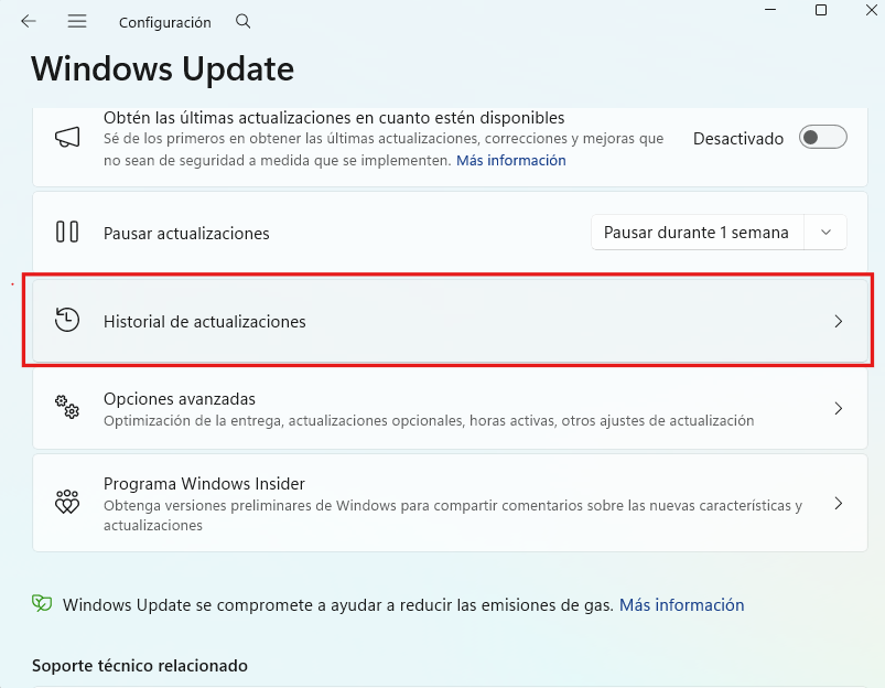 Historial de actualizaciones de Windows Update