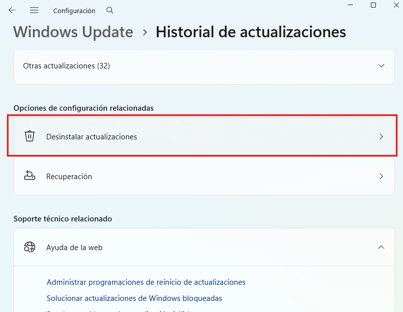 Desinstalar actualizaciones de Windows Update