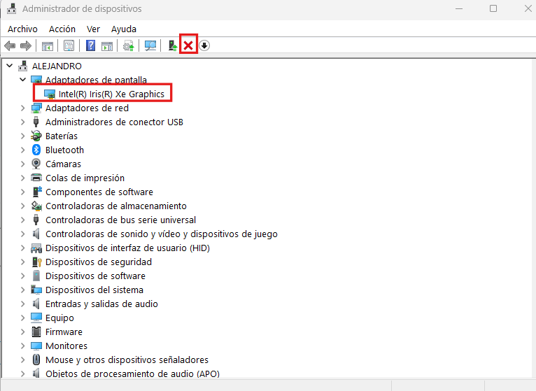 Desinstalar controlador de la trajeta gráfica desde administrador de dispositivos