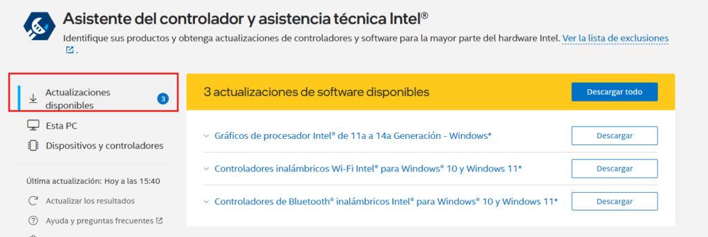 Drivers detectados con el Asistente de Intel