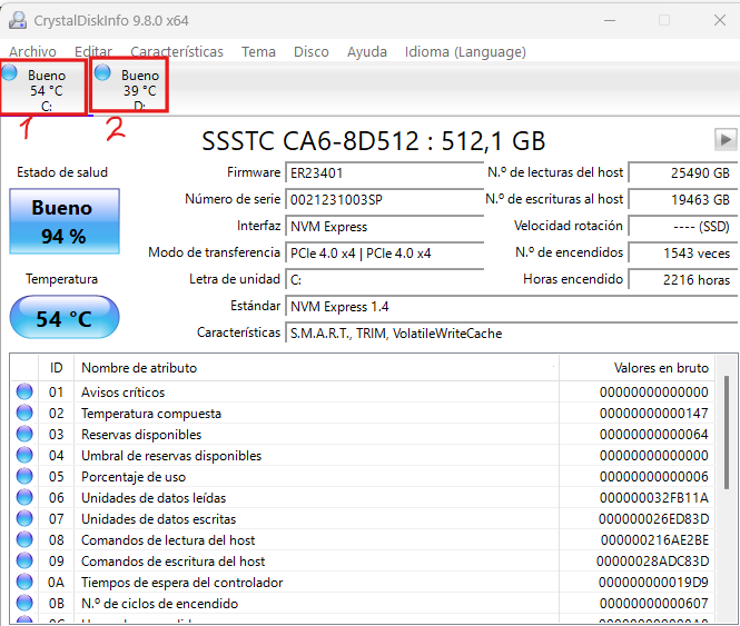 Listado de discos instalados en el ordenador en CrystalDiskInfo