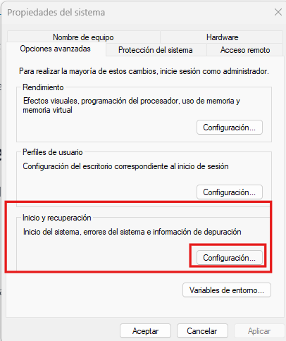 Propiedades de Inicio y recuperación del sistema