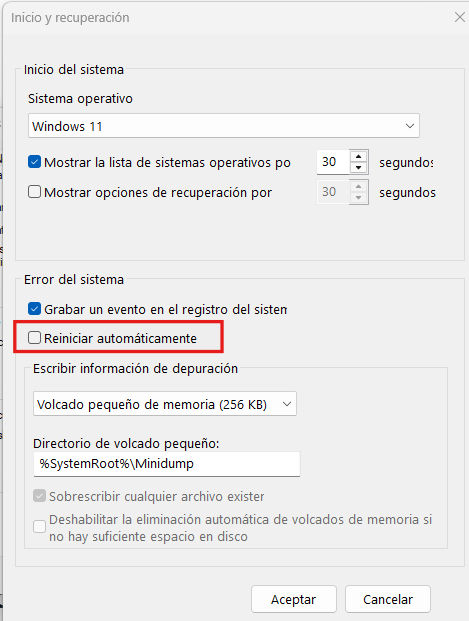 Desactivar reiniciar automáticamente cuando ocurre un error grave en Windows