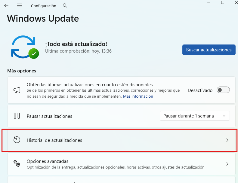 Historial de actualizaciones de WIndows 11