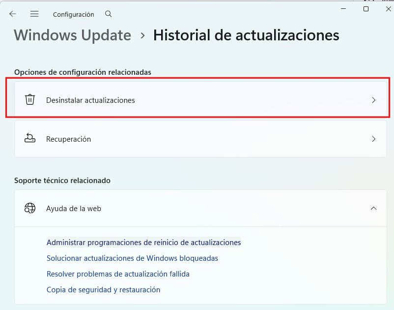 Desinstalar actualizaciones de Windows Update en Windows 11