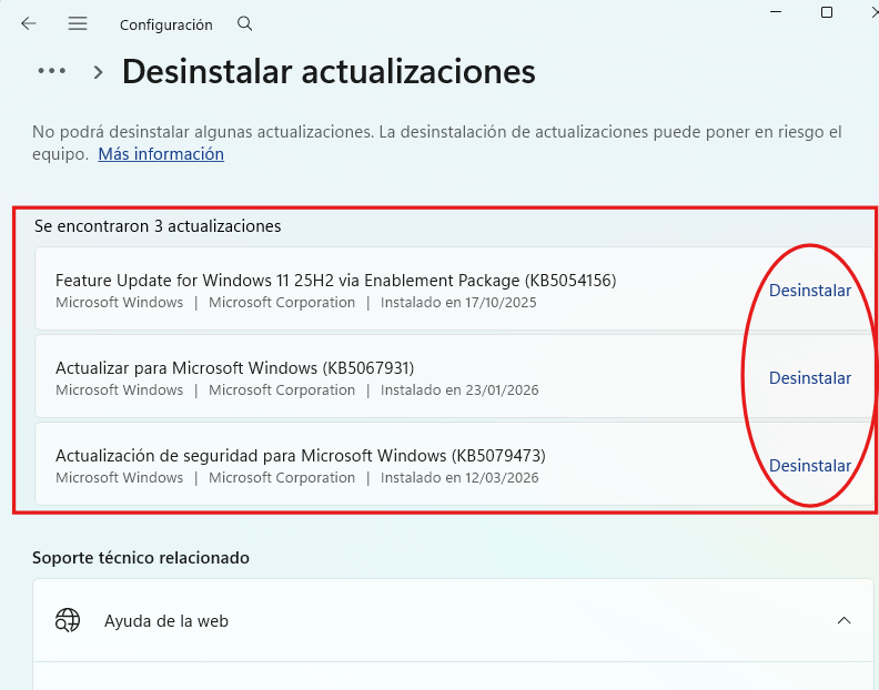 Desinstalar actualizaciones recientes de Windows Update