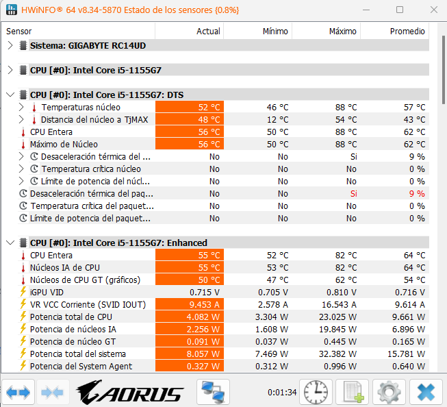 HWMonitor mostrando temperaturas de la CPU en Windows 11