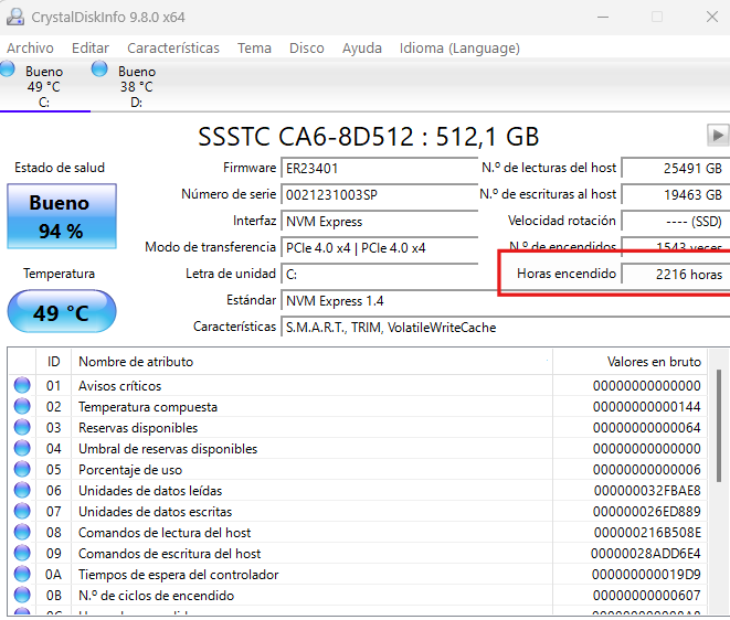 Horas que mi disco duro SSD ha estado encendido