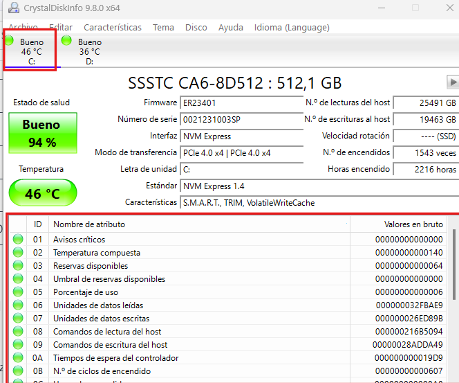 Software de monitorización de salud de disco mostrando valores SMART
