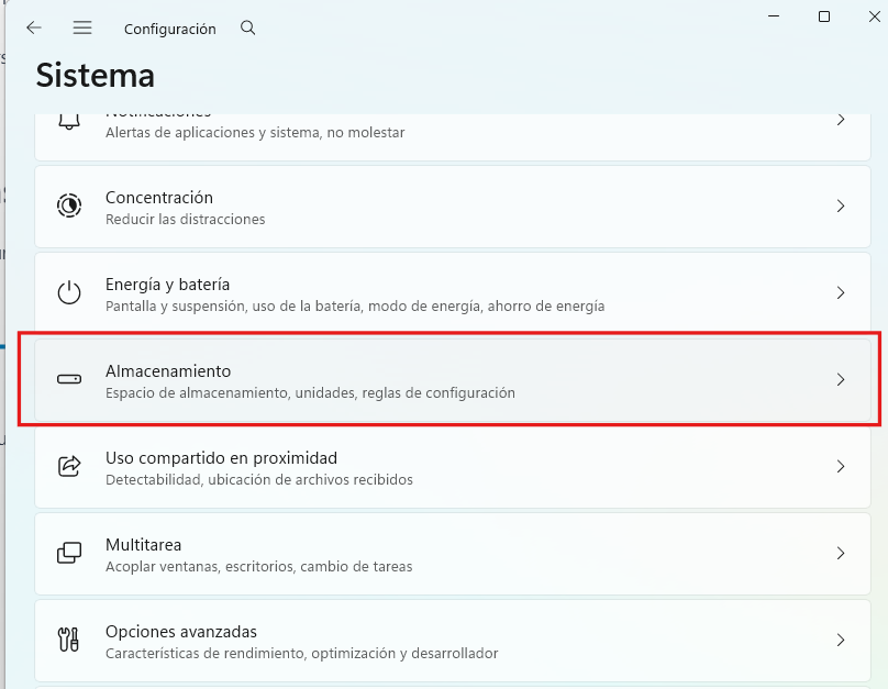 Configuración de almacenamiento en Windows 11