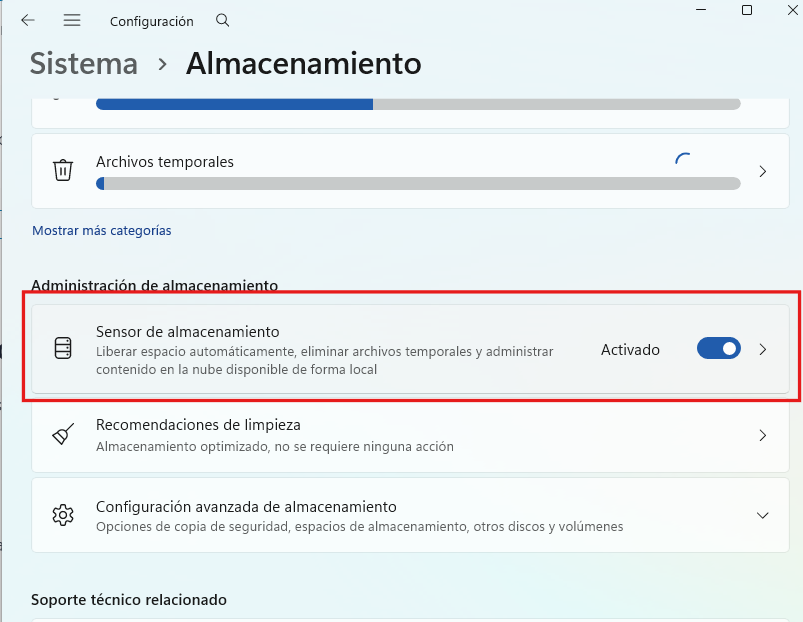 Activar Sensor de Almacenamiento en Windows