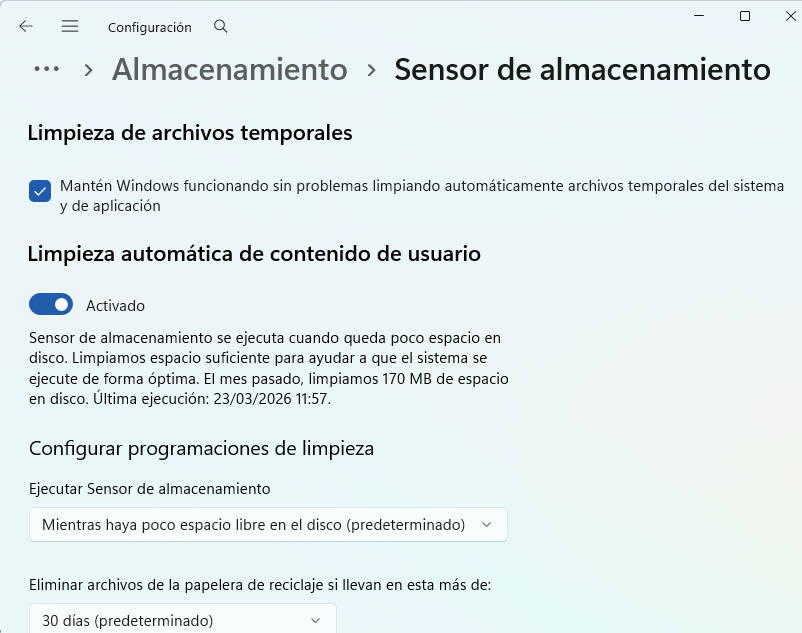 Panel de configuración del sensor de almacenamiento de Windows