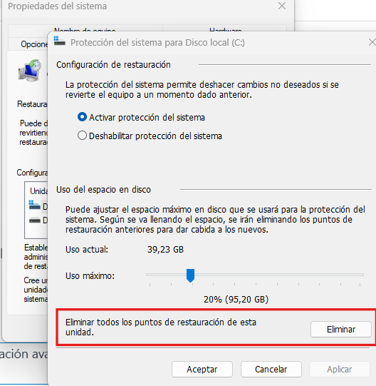 Eliminar todos los puntos de restauración del sistema en WIndows