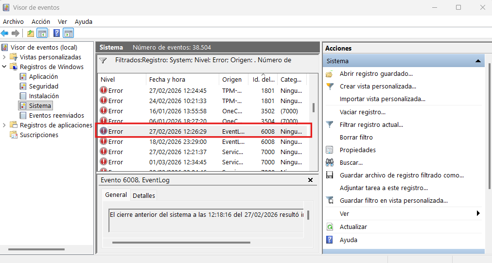 Ver en el visor de eventos error a la fecha del reinicio inesperado del PC