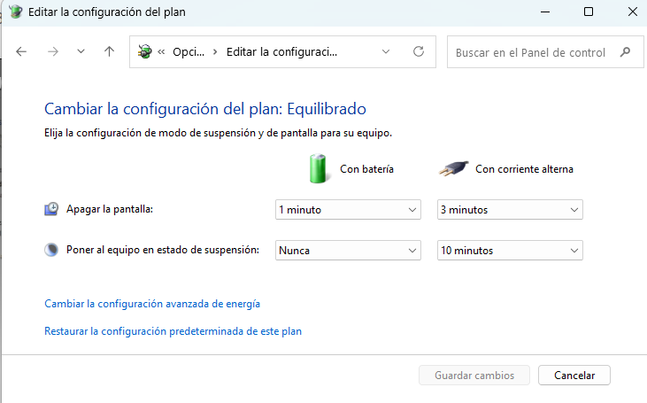 Cambiar la configuración avanzada de energía en WIndows 11