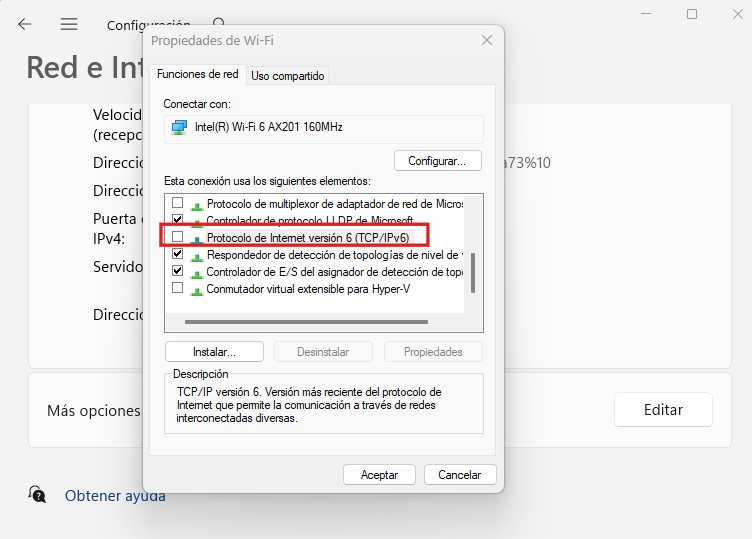 Desactivar protocolo IPv6 del adaptador de red Wifi de Windows 11
