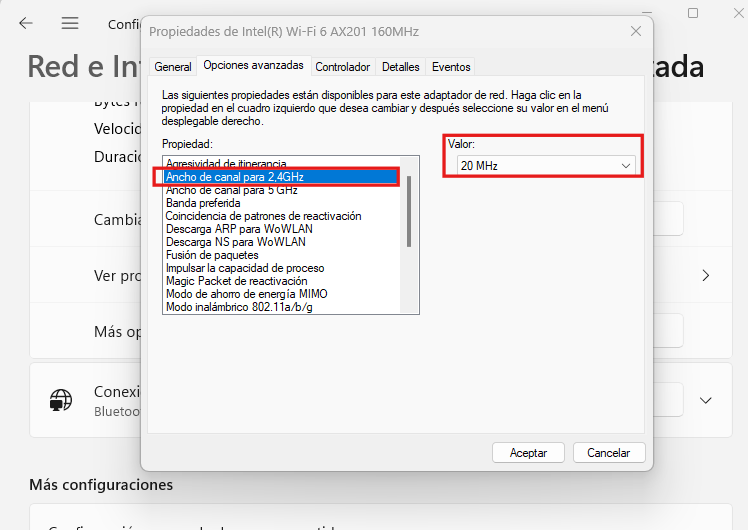 Cambiar ancho de banda del canal de recepción del adaptador Wifi