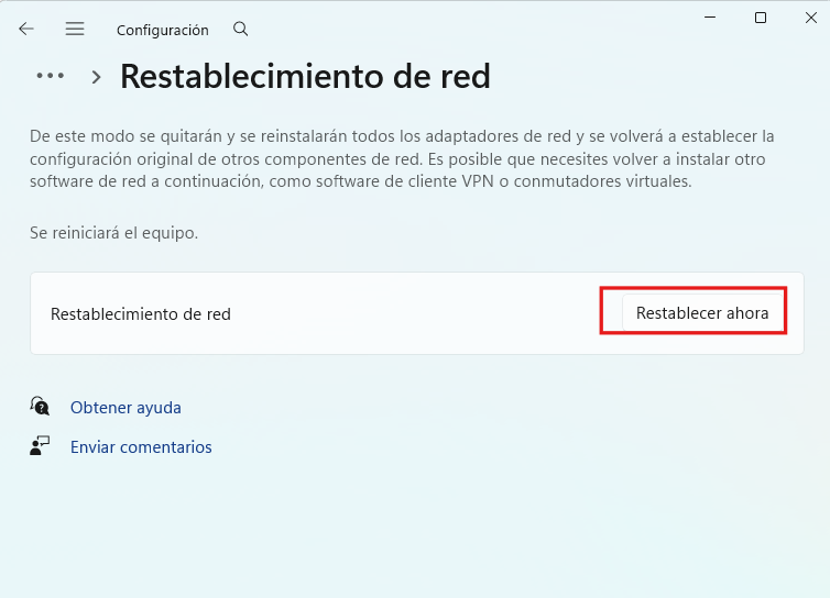 Restablecer adaptadores de red a su estado original en Windows 11