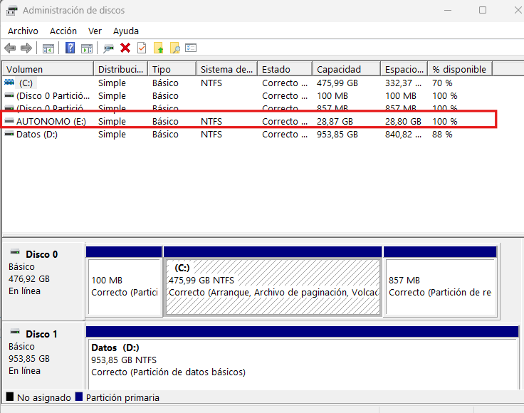Administrador de discos de WIndows mostrando unidad USB