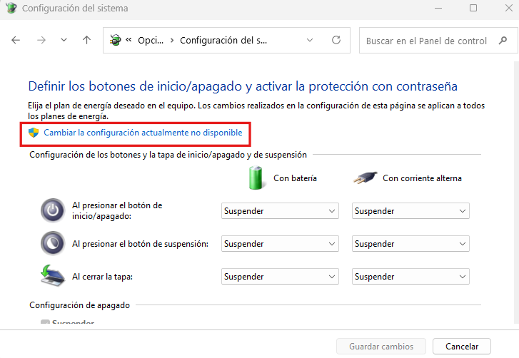 Cambiar configuración de los botones de inicio o apagado