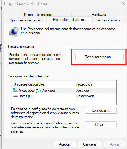 Restaurar sistema desde un punto de restauración