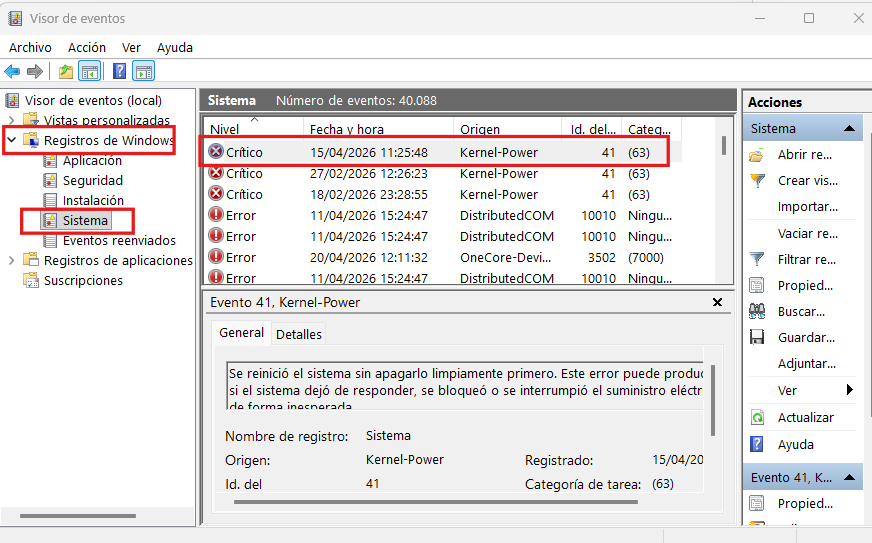 Visor de eventos de Windows mostrando error Crítico