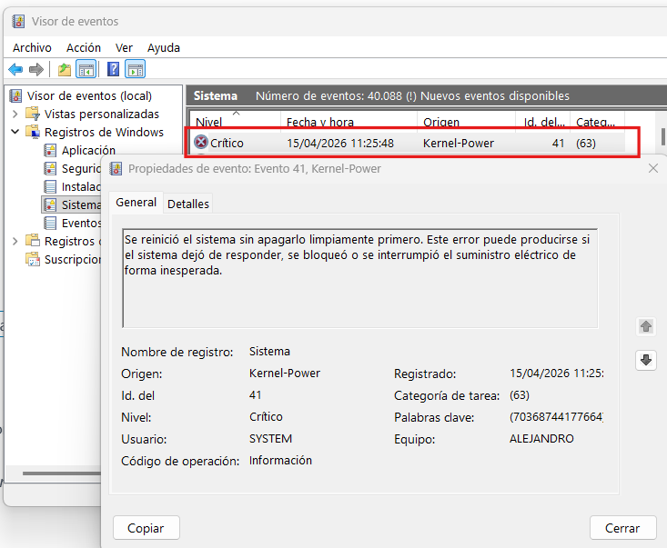 Detalles de error crítico de Windows