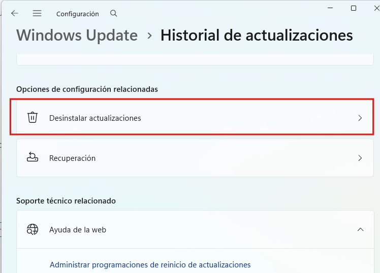 Desinstalar actualizaciones de Windows Update