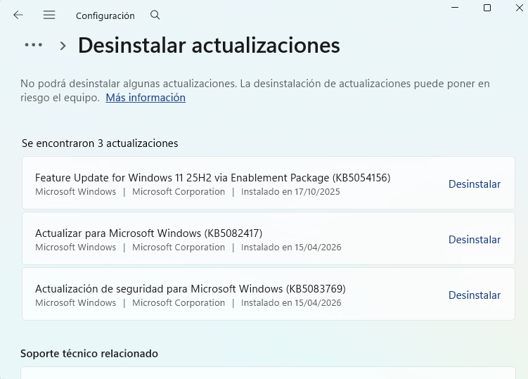 Pantalla donde se muestran las últimas actualizaciones de Windows Update para poder desinstalarlas
