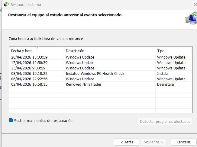 Pantalla que muestra puntos de restauración anteriores existentes de Windows