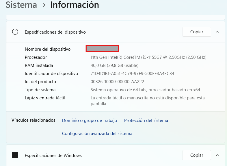 Información del sistema mostrando especificaciones de ordenador