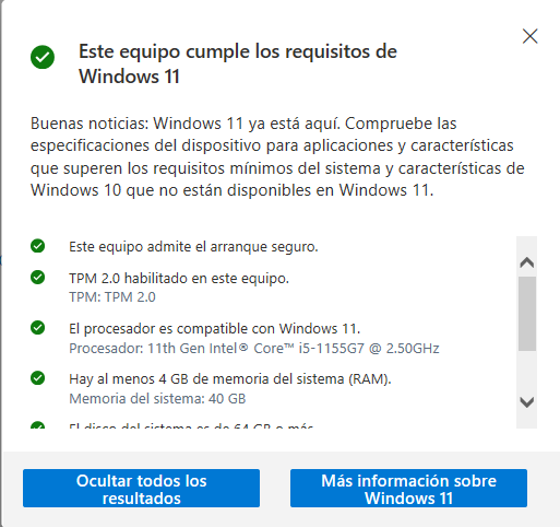 Resultados de PC Health Check si tu PC cumple con todos los requisitos para instalar Windows 11