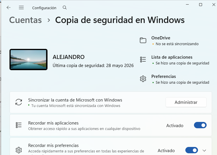 Menú de copia de seguridad de Windows abierto en Configuración