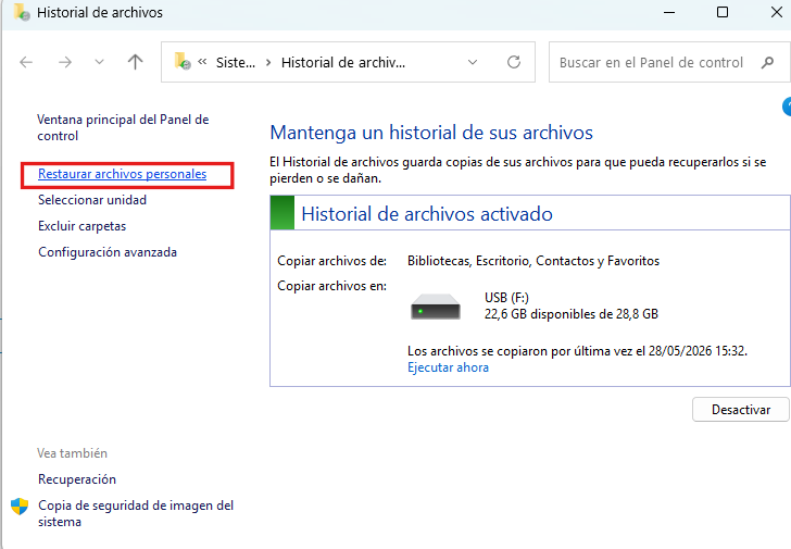 Restauración de archivos desde Historial de archivos