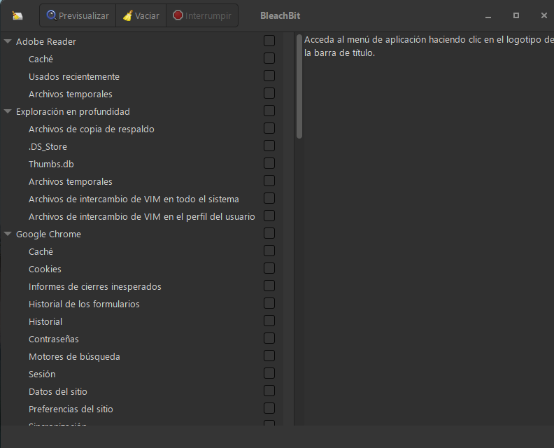 Software bleachbit de limpieza y mantenimiento de ordenador en uso