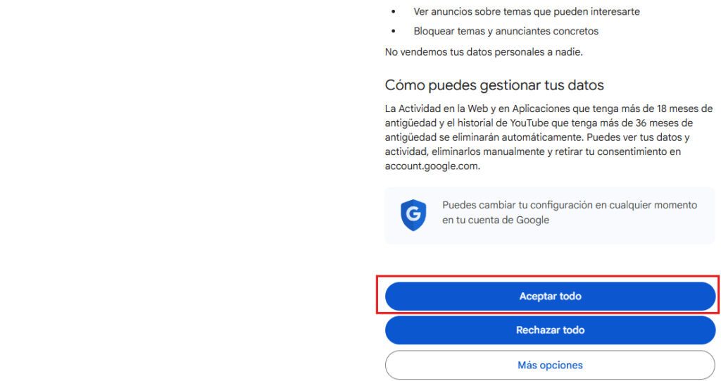 Pantalla de privacidad y condiciones