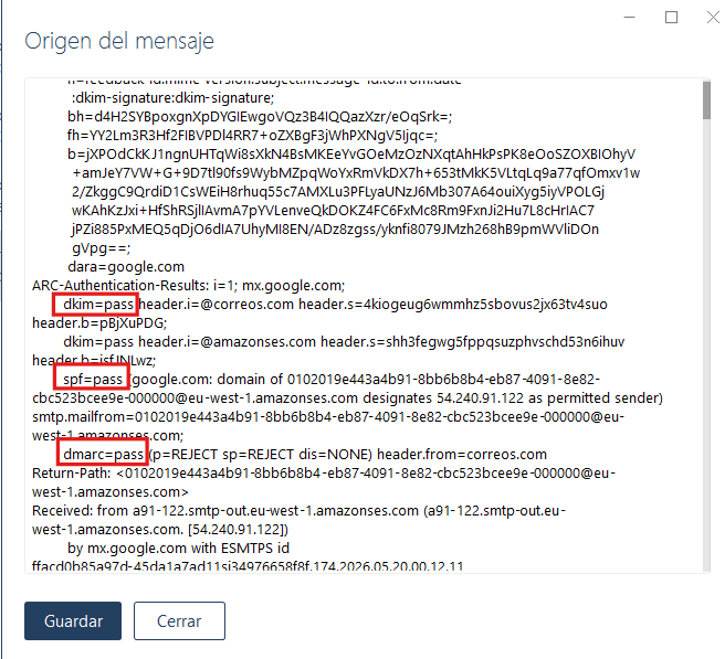 Origen de un email mostrando como pasa los test dkim, spf y dmarc para demostrar que su origen es verdadero