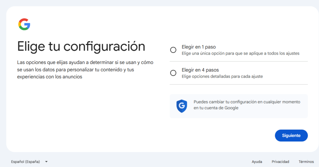 Elegir pasos de configuración de Gmail