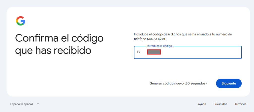 Introducción del código SMS