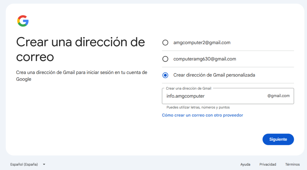 Selección de dirección de correo o crear gmail personalizado