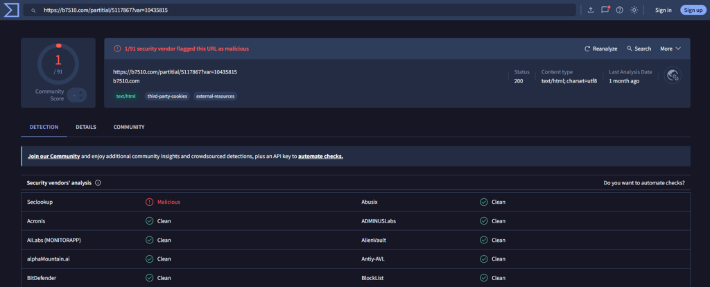 Ejemplo de página maliciosa escaneada con virustotal.com