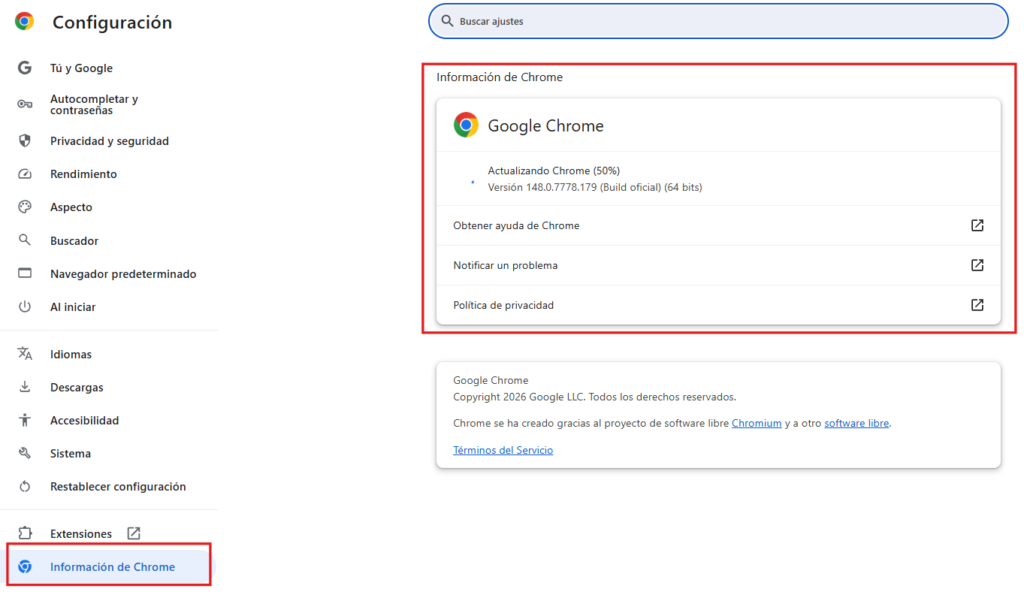 Actualizar versión del navegador Chrome