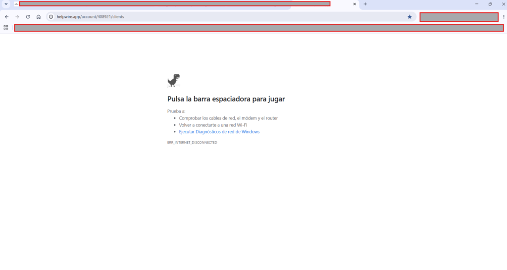 Ventana de navegador web mostrando página sin onexion a internet