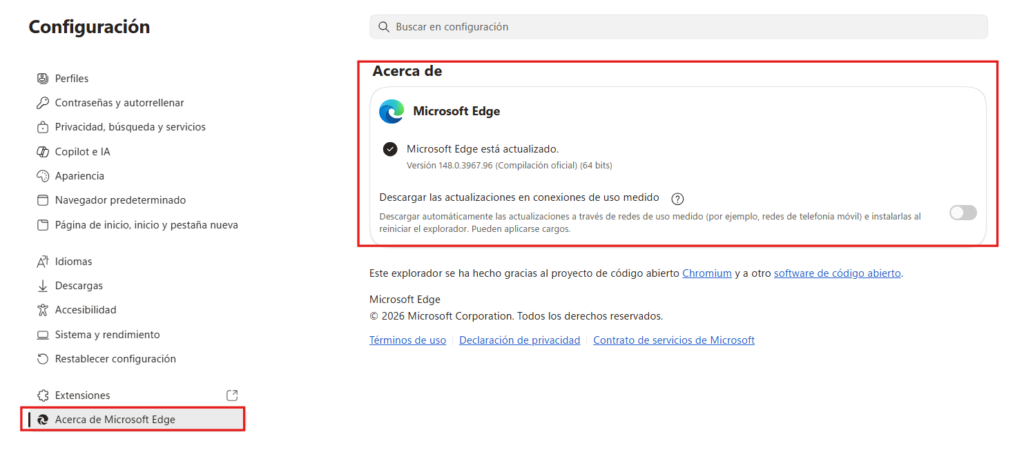Actualizar versión del navegador Edge