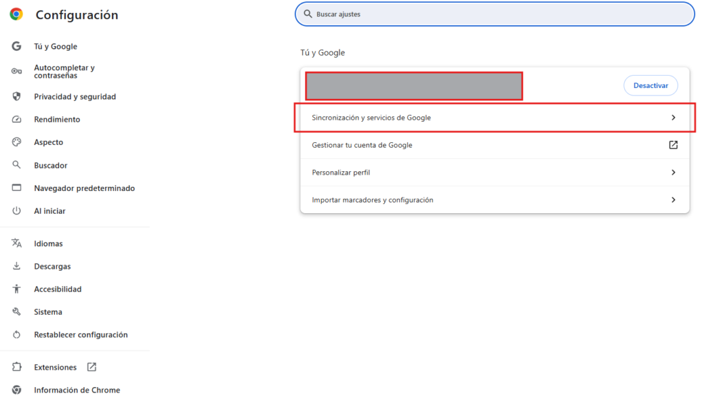 Configurar Sincronización y servicios de google en el navegador