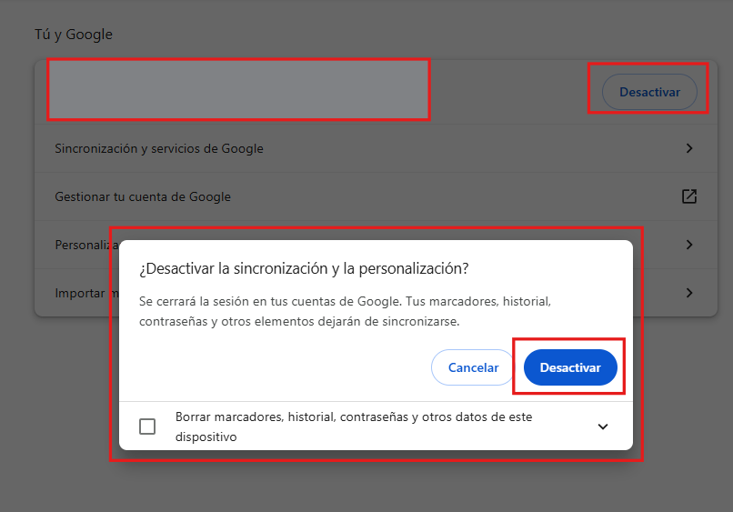 Desactivar la sincronización y servicios de Google