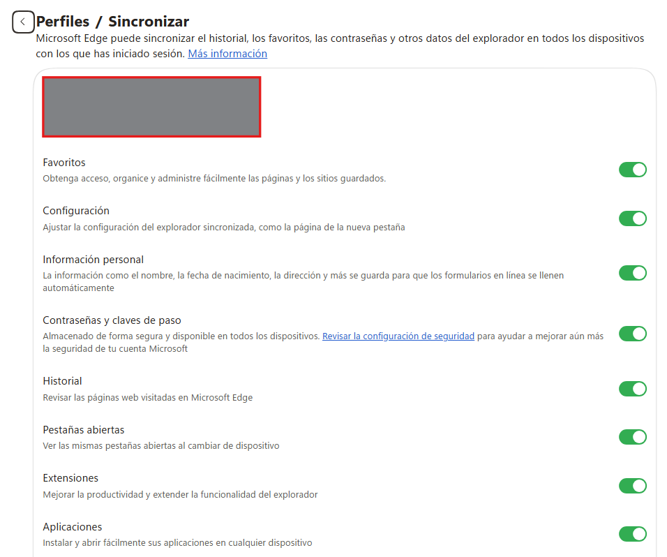 Desactivar elementos de sincronización en Microsoft Edge