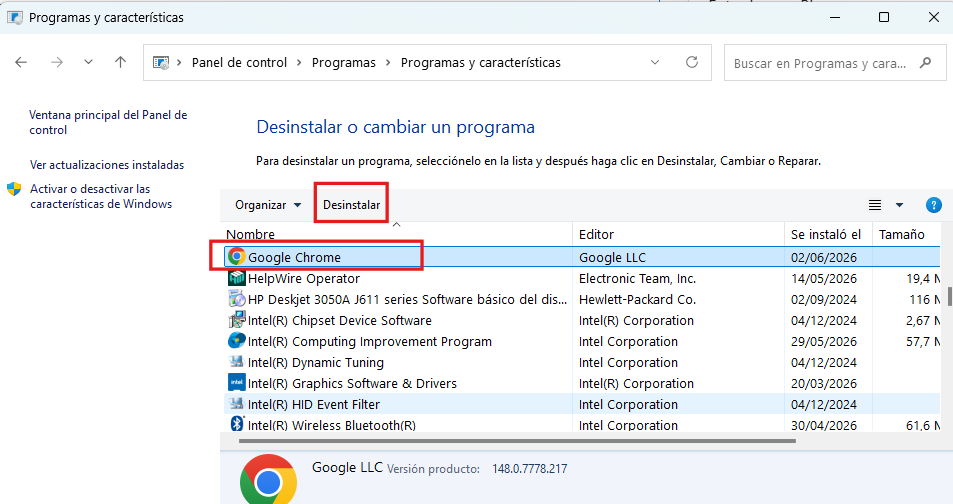 Desinstalar Google Chrome desde el panel de control de Windows